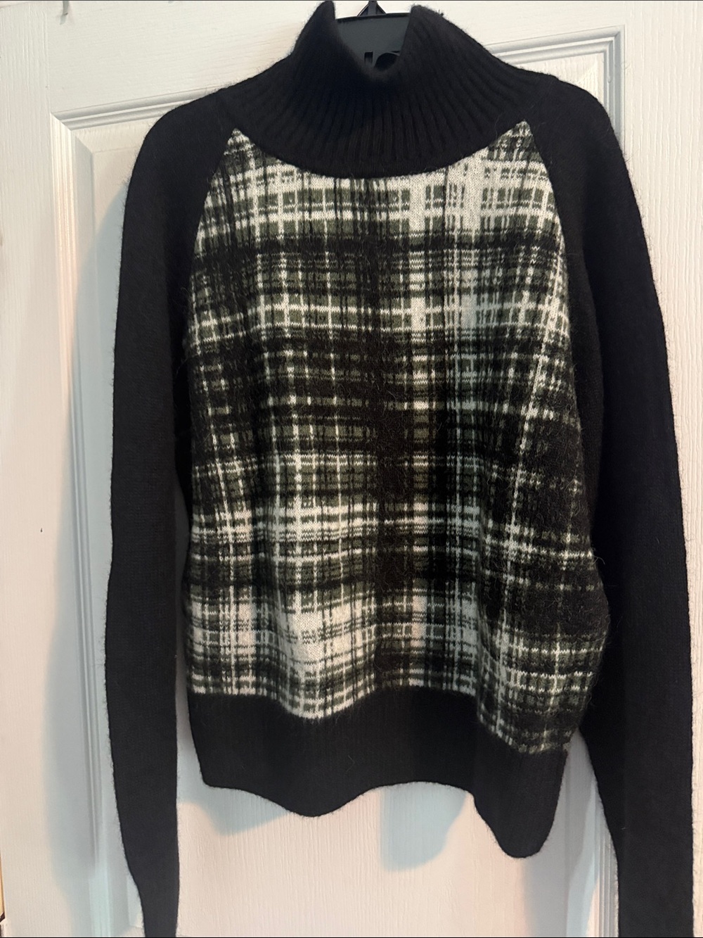 Plaid Front Black Olive Turtleneck Sweater “Gwen Raglan Jumper”